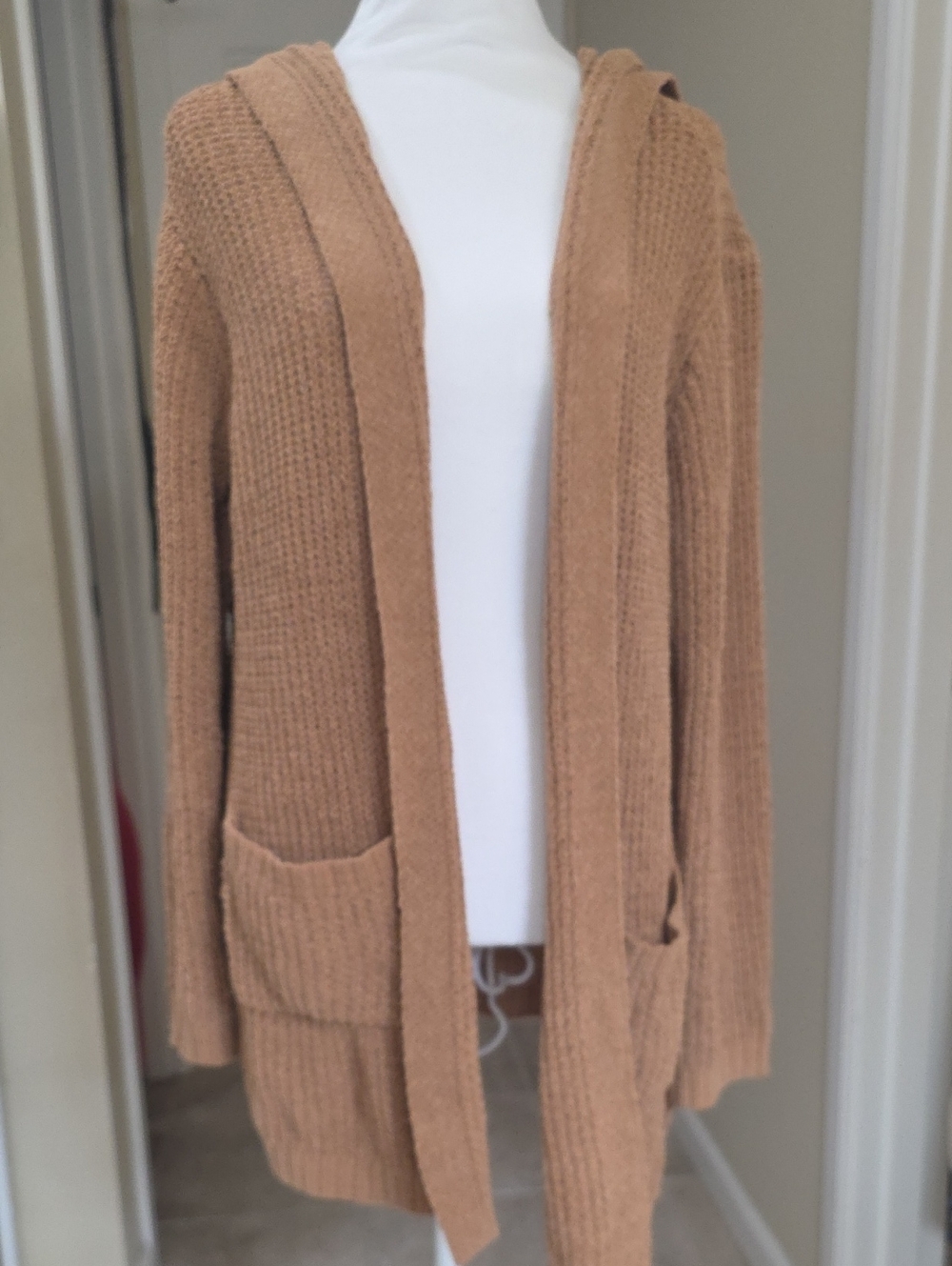 Cozy Open-Front Hooded Sweater Cardigan - Camel